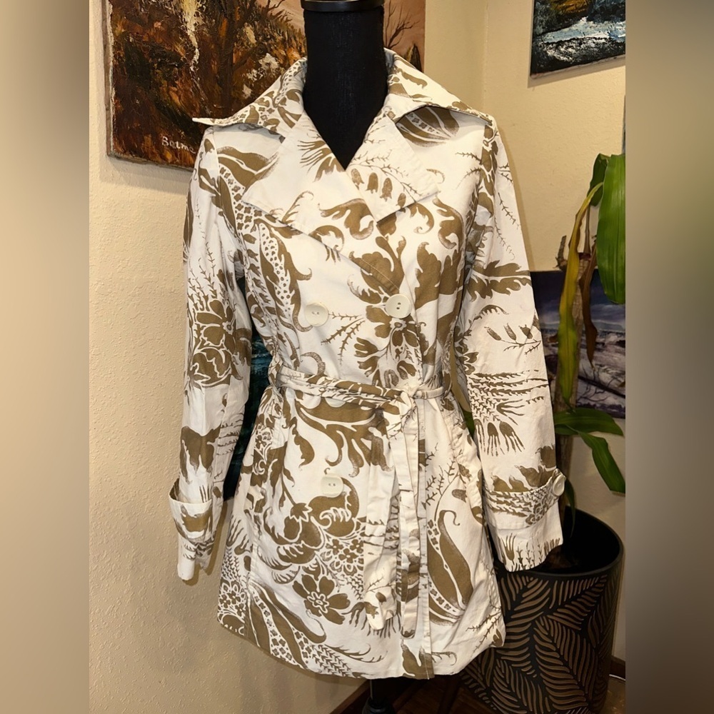 CAbi XS Floral Trench Coat Jacket Minimalist Chic Cotton Linen Neutral Cream Tan - Picture 5 of 13